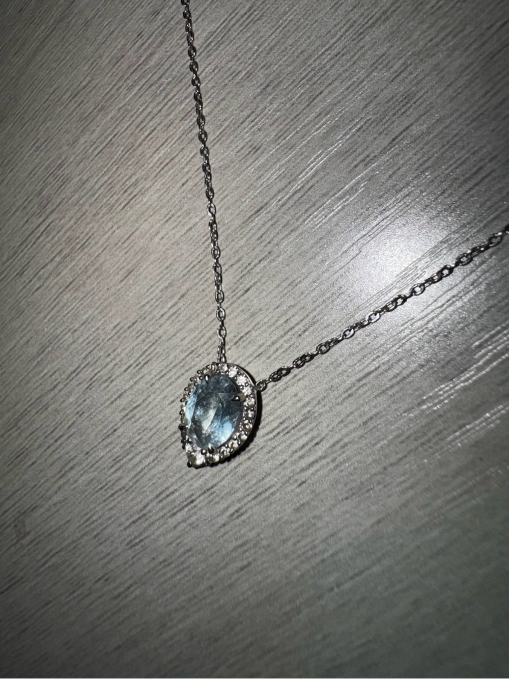 Blue Aquamarine Oval Halo Pendant Necklace in 10kt White Gold with chain